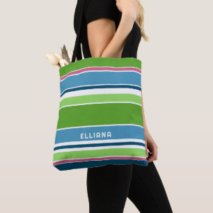 Custom Lime Green Dark Blue Hot Pink White Stripes Tote Bag