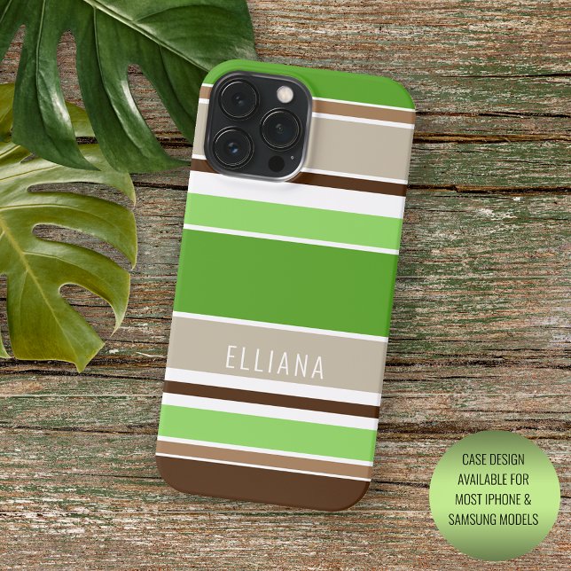 Custom Lime Green Dark Brown Beige White Stripes Case-Mate iPhone Case (Creator Uploaded)