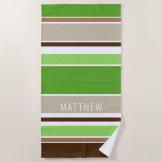 Custom Lime Green Dark Brown Taupe White Stripes Beach Towel