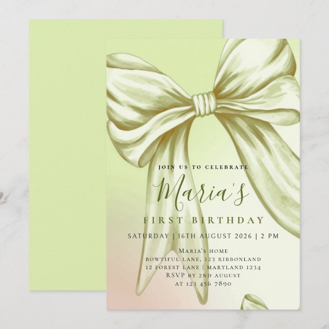 Custom Lime Green Watercolor Bow First Birthday Invitation (Front/Back)