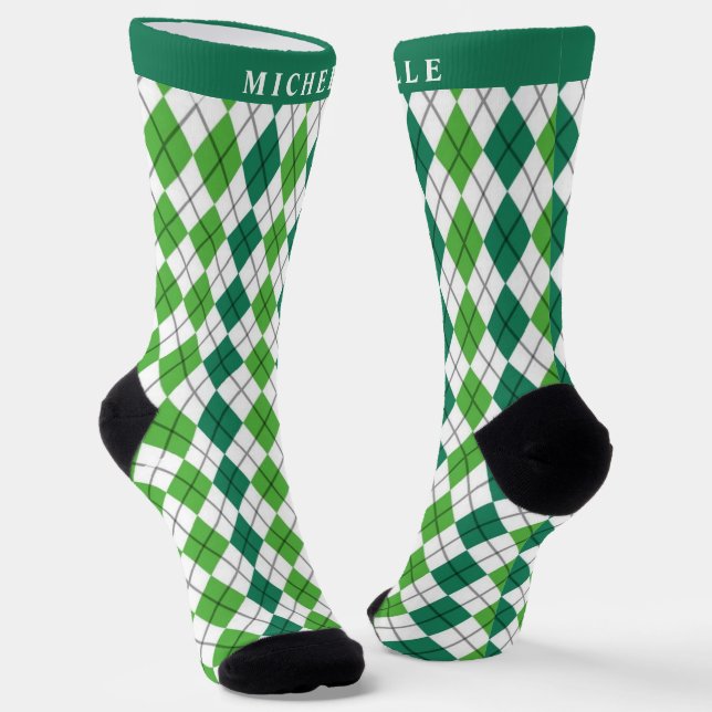Custom Lime White Forest Green Argyle Pattern Socks (Angled)