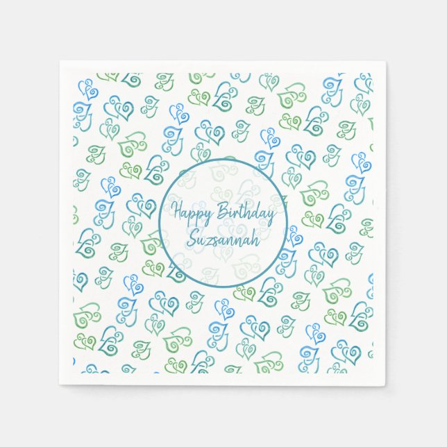 Custom Linked Green Blue Heart Pattern Over White Napkin (Front)