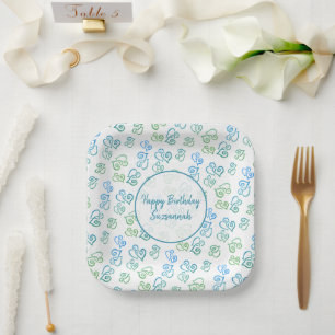 Custom Linked Green Blue Heart Pattern Over White  Paper Plate