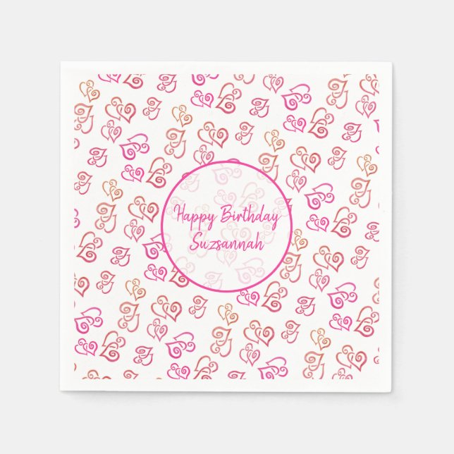 Custom Linked Orange Pink Heart Pattern Over White Napkin (Front)