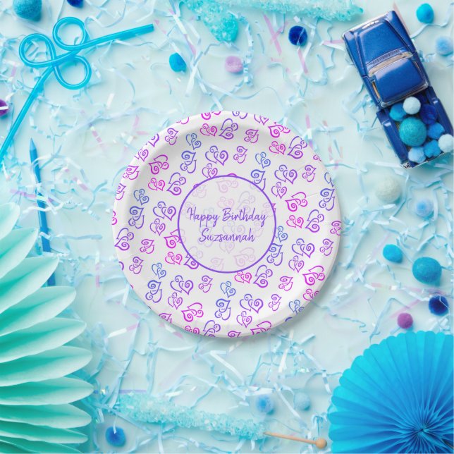 Custom Linked Pink Purple Blue Heart Pattern Paper Plate (Party)