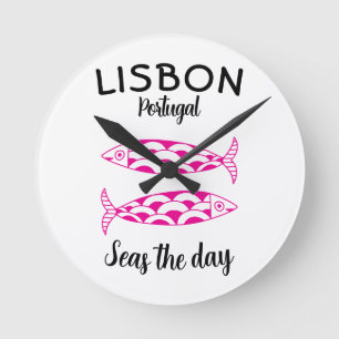 Custom Lisbon Portugal Coastal Travel Green Fish Round Clock