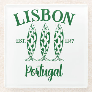 Custom Lisbon Portugal Text Green Glass Coaster