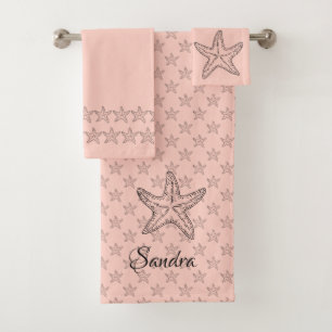 Custom Lite Coral White Chic Beach house Starfish Bath Towel Set