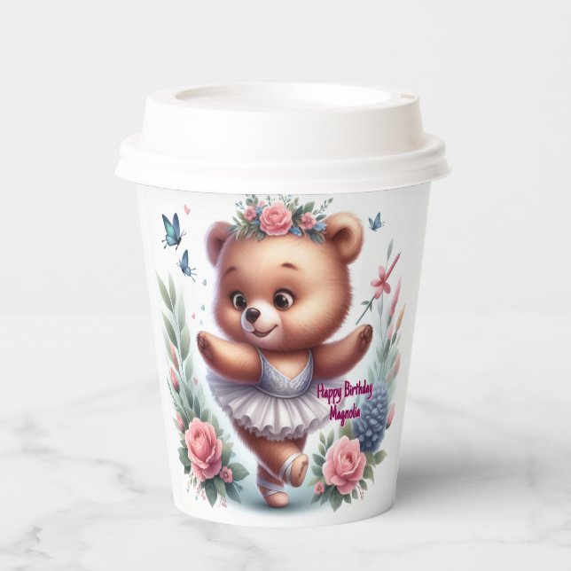 Custom Little Ballerina Bear Birthday Paper Cups (Front)