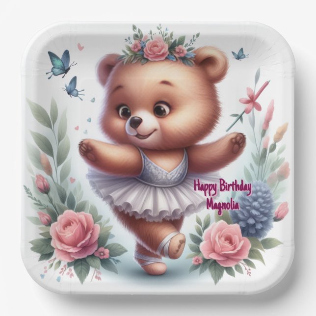 Custom Little Ballerina Bear Birthday Paper Plates (Front)