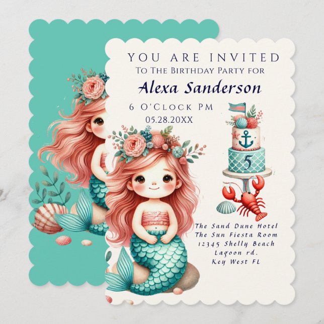 Custom Little Girls Mermaid Birthday Party Invite (Front/Back)