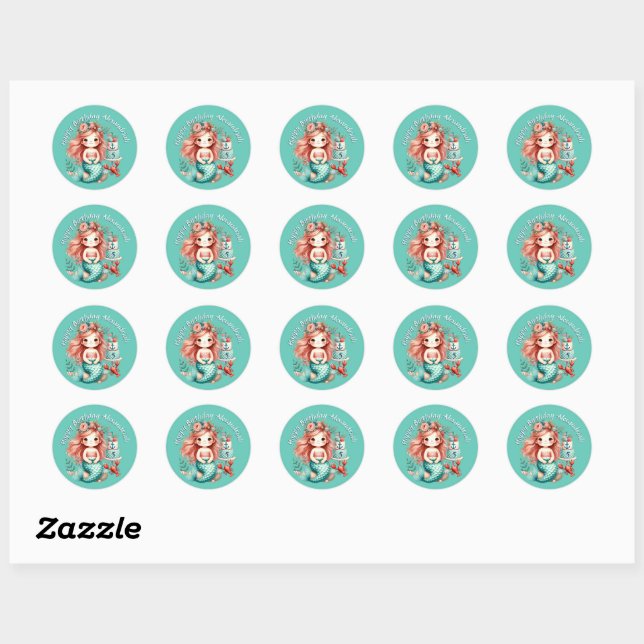 Custom Little Girls Mermaid Birthday Party Teal Classic Round Sticker (Sheet)