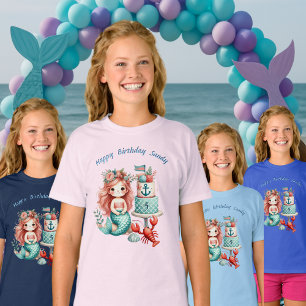 Custom Little Girls Mermaid Birthday Party Teal T-Shirt