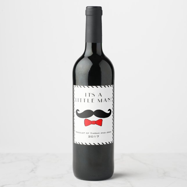 Custom Little Man It's A Boy Moustache Red Bow Wine Label (Front)