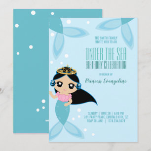 custom little MERMAID BIRTHDAY black hair Invitation