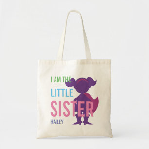 Custom little sister superhero silhouette girls tote bag