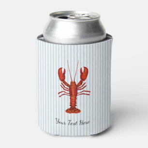 Custom Lobster Painting Coastal Blue Stripe Can Cooler