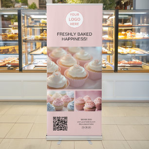 Custom Logo 3 Photos QR Bakery Business Pink Retractable Banner