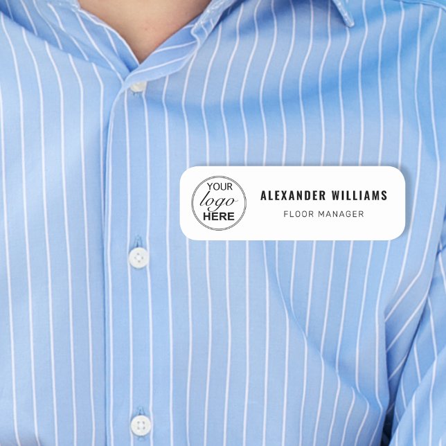 Custom Logo and Employee  Name Tag (Custom Business logo employee name and job title name simple black and white tag)