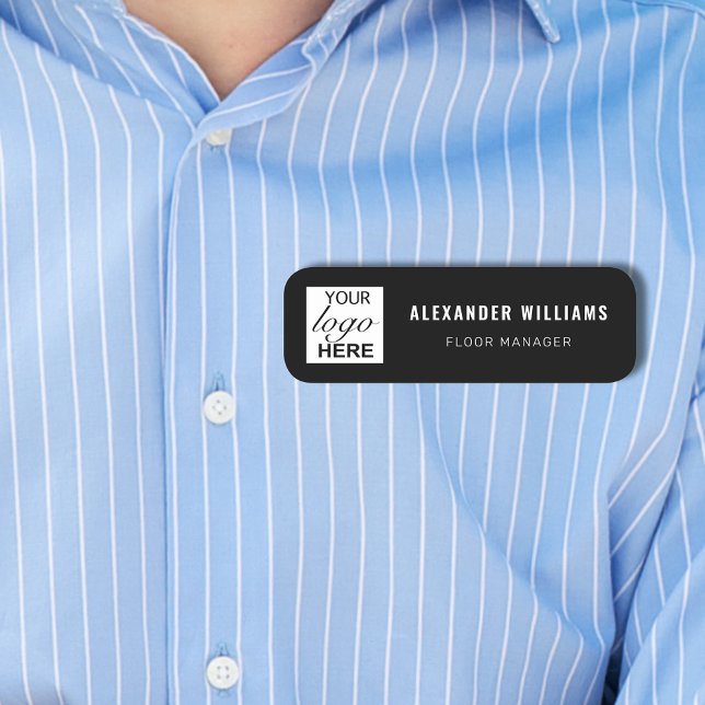 Custom Logo and Employee  Name Tag (Custom Business logo employee name and job title name white on black tag Square logo template)