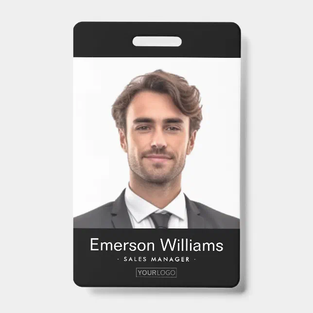 Custom logo and photo black employee name id badge | Zazzle