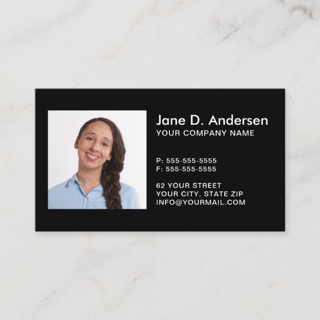 Custom logo and photo black modern professional business card (Front)