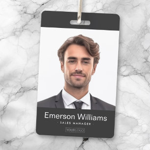 Custom logo and photo dark grey employee name id badge