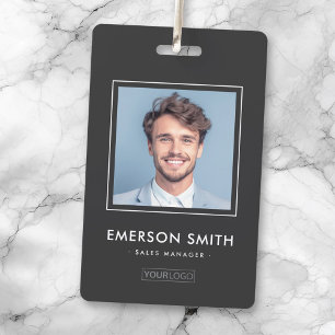 Custom logo and photo dark grey employee name id badge