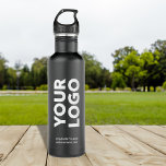 Custom Logo and Text on Black 710 Ml Water Bottle<br><div class="desc">Advertise with your business logo, slogan, company name, website or other custom text on a branded matte black stainless steel water bottle. Replace the sample logo and text with your own in the sidebar. White or light coloured logos will work best with the dark background. Your brand symbol can be...</div>