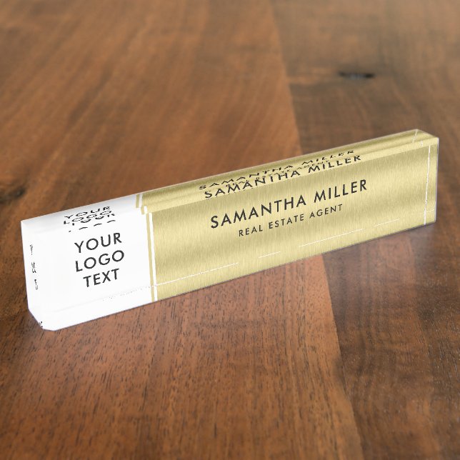 Custom Logo and Text White & Gold Background Nameplate (Side)