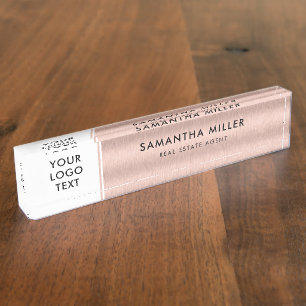 Custom Logo and Text White & Rose Gold Nameplate