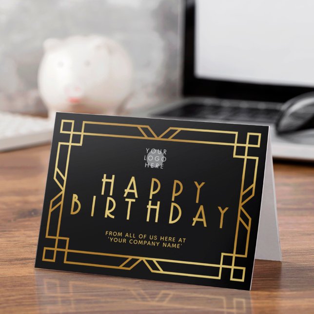 Custom Logo Art Deco Gold Business Birthday Black Card (Creator Uploaded)