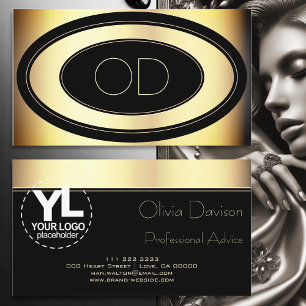 Custom Logo Back and Gold Circles Elegant Monogram Business Card