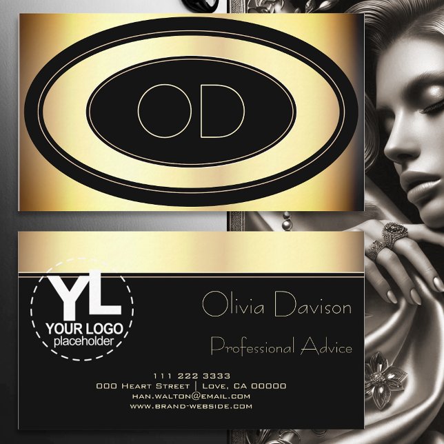 Custom Logo Back and Gold Circles Elegant Monogram Business Card (Creator Uploaded)