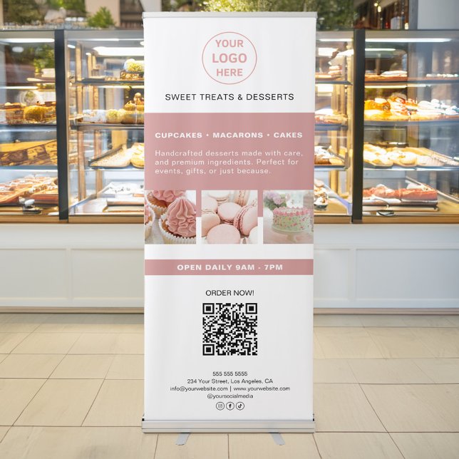 Custom Logo Bakery Business Pink White Retractable Banner (Custom Logo Bakery Business Pink White Retractable Banner)