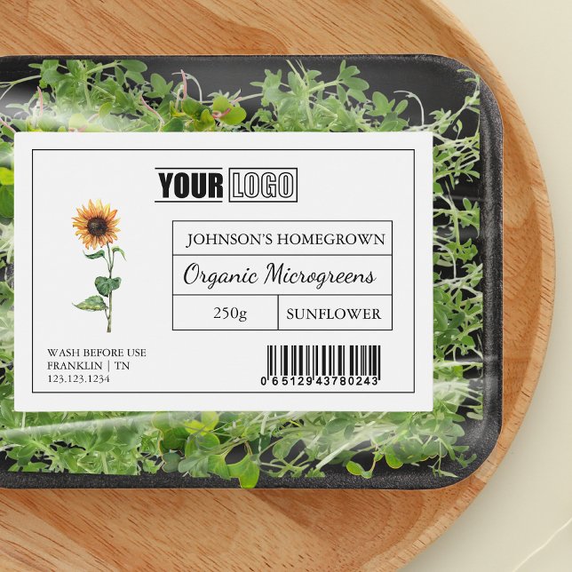 Custom Logo & Barcode Sunflower Microgreens Food Label (Creator Uploaded)