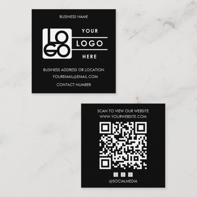 Custom Logo Black QR Code Website Social Media Square Business Card (Front/Back)