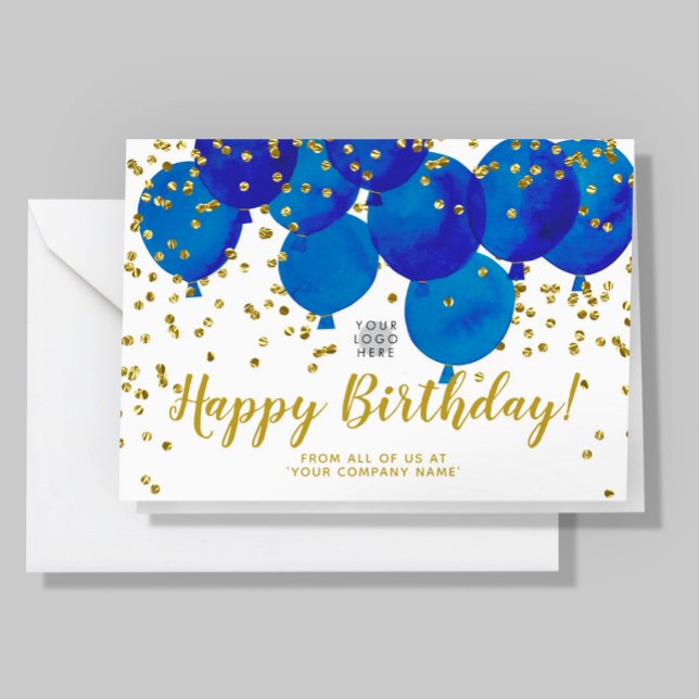 Custom Logo Blue Balloons Gold Confetti Birthday Card (Creator Uploaded)