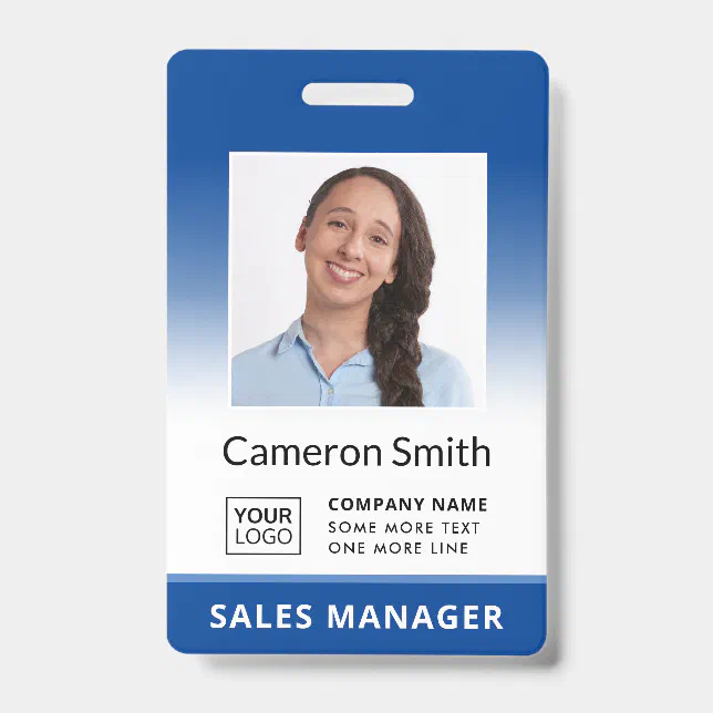 Custom logo blue gradient employee name title id badge | Zazzle