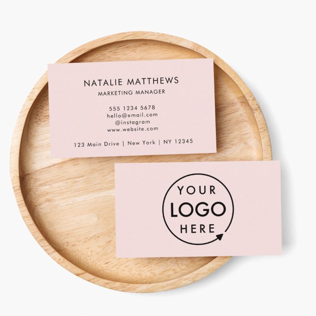 Custom Logo | Blush Pink Minimalist Professional Business Card (Create a professional look with this horizontal blush pink business card design with your logo.)