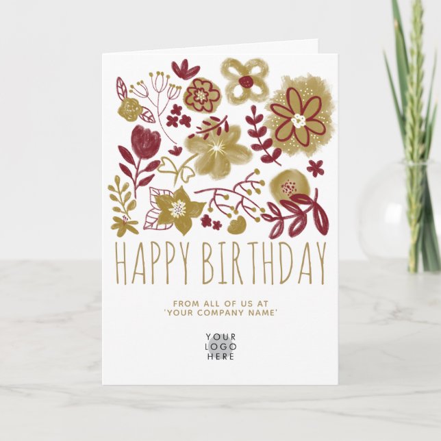 Custom Logo Burgundy Gold Flowers Happy Birthday Card (Front)