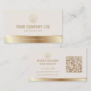 Custom Logo Elegant Beige Gold QR Code Business Card