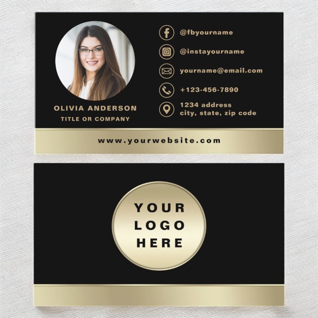Custom Logo Elegant Black Gold Photo Business Card (Creator Uploaded)