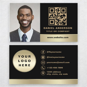Custom Logo Elegant Black Gold QR Code Photo Business Card