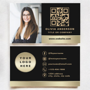 Custom Logo Elegant Black Gold QR Code Photo Business Card