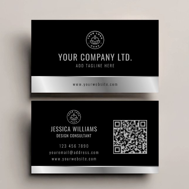 Custom Logo Elegant Black Silver QR Code Business Card (Creator Uploaded)