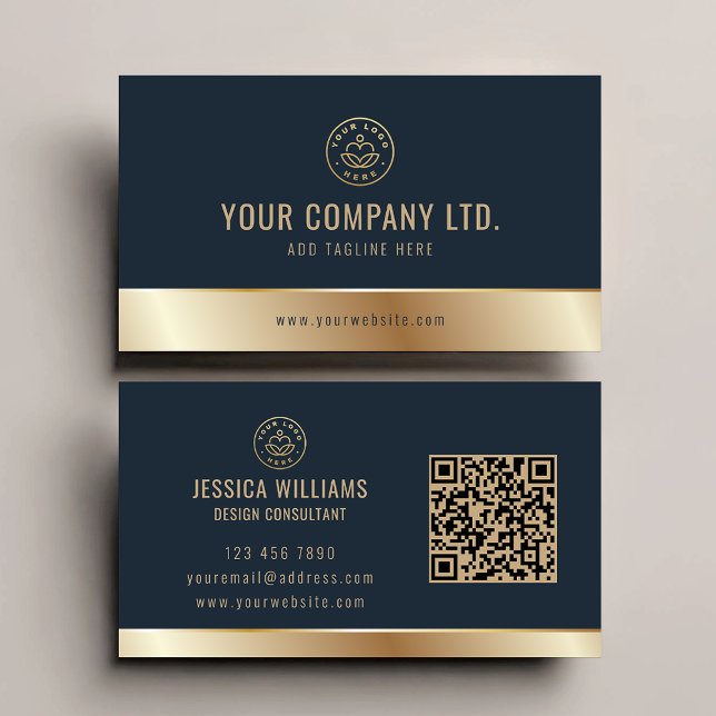 Custom Logo Elegant Blue Gold QR Code Business Card (Creator Uploaded)