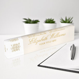 Custom Logo Elegant Classy Faux Gold Cream Beige Nameplate