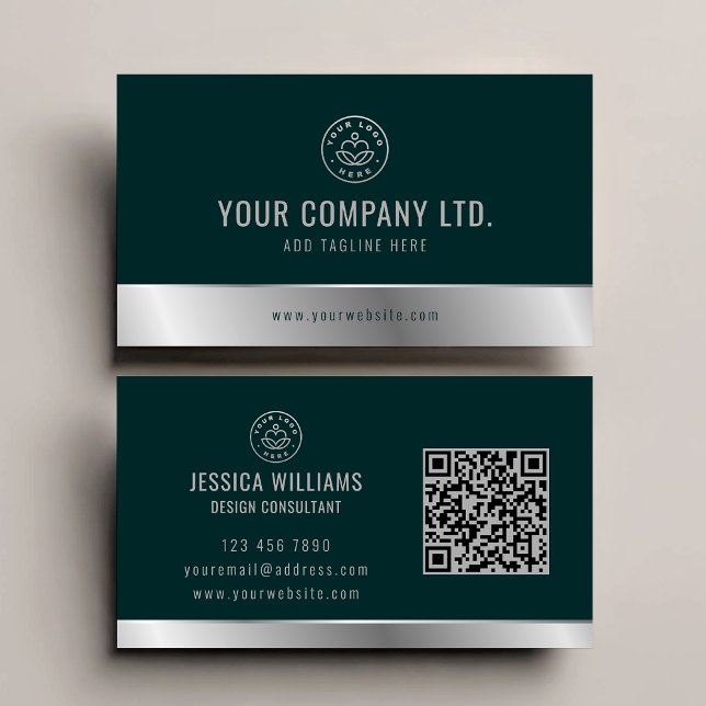 Custom Logo Elegant Green Silver QR Code Business Card (Creator Uploaded)