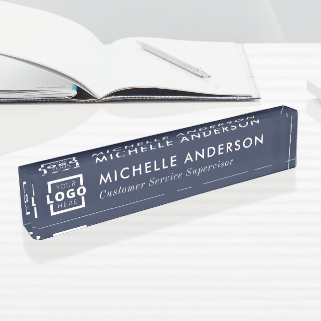 Custom Logo Elegant Modern Minimalist Blue White Nameplate (Creator Uploaded)